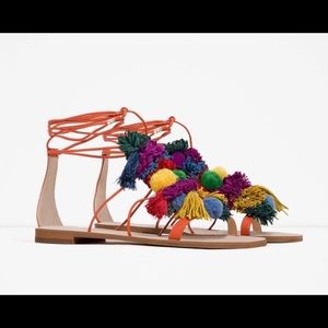Zara Fringe Tassel &  Pom Wrap Sandal Size 39